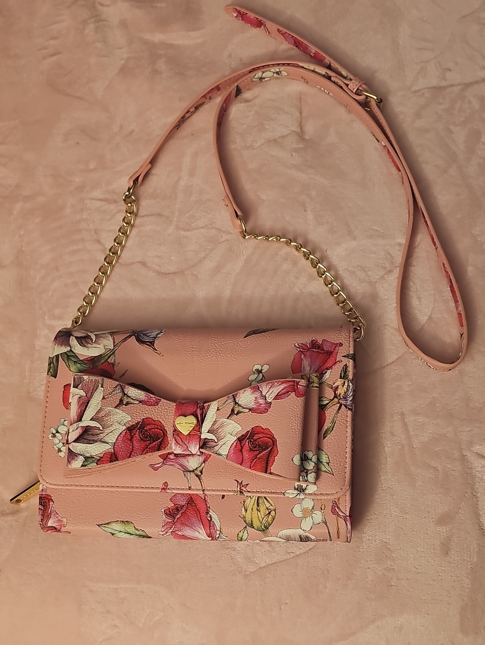Betsey Johnson Pink Floral Bow Crossbody Bag - ONE FREE PURSE CHARM W/ PURCHASE!